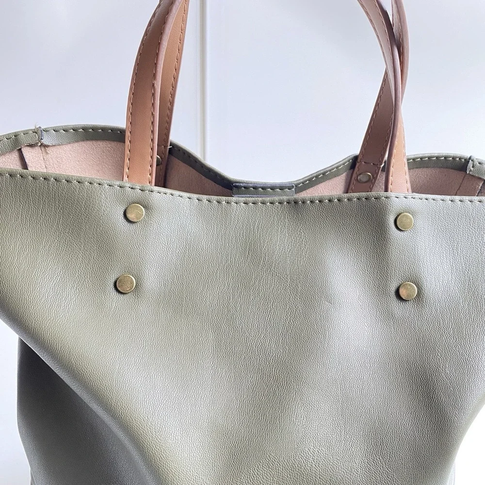 Olive Green Faux‎ Leather Tote Handbag Brown Handles Matching Shoulder Strap